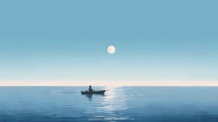 Fototapeta premium Minimalist artwork of a man in a boat on a calm lake at twilight