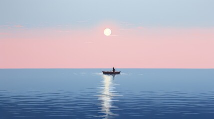 Minimalist artwork of a man in a boat on a calm lake at twilight