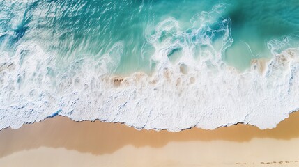 Panoramic view of a tropical beach with sea waves, white sand and foam - summer holiday and travel concept with copy space