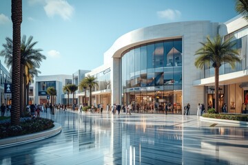 Outside the modern shopping center. Generative AI.