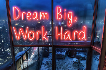 Neon sign 'Dream Big, Work Hard' in a window with a cityscape view at dusk