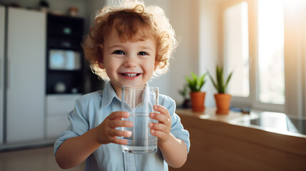 Close-up of a child drinking clean water from a glass. Healthy lifestyle concept