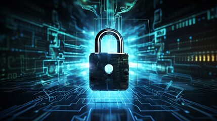 Computer screen with virtual lock padlock symbolizing cybersecurity and data protection
