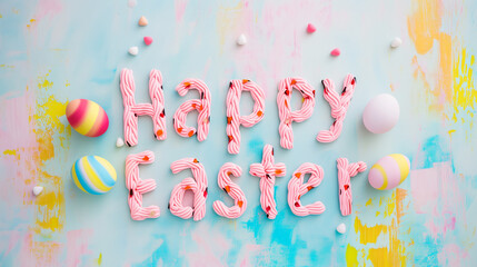 Colorful Easter-themed image with Happy Easter spelled out in pink candy letters, surrounded by pastel painted eggs and candy on a blue textured background