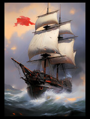 A Painting Of A Big Ship With Big Sail, A Ship In The Sea