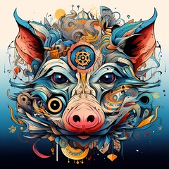 Abstract pig head close up with tangled doodle elements. Full color illustrations. generative ai