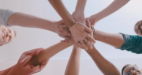 Business people, hands and bottom of team for support, hope or solidarity of success, synergy or victory for winning. Closeup, group collaboration and trust of mission, agreement or circle from below