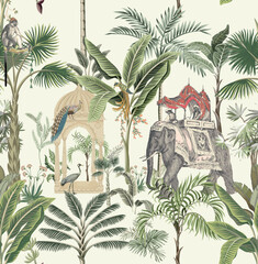 Mughal traditional garden, elephant ride, caravan. Tropical vector seamless pattern