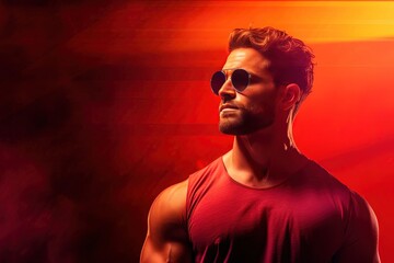 Fit Man with Sunglasses - Red Background Fashion Model