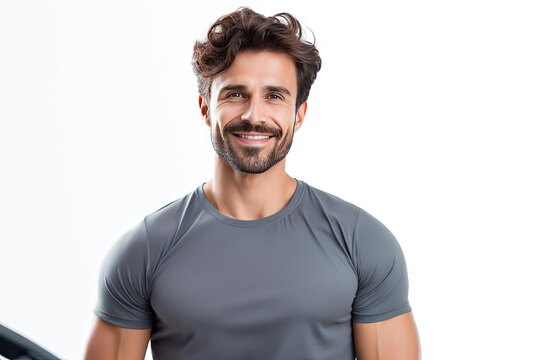 Smiling Fit Man in Grey T-Shirt with Curly Hair - White Background