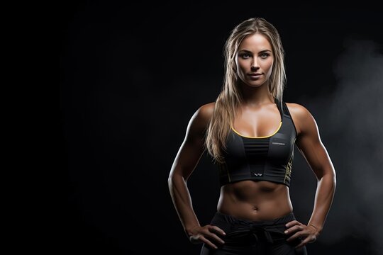 Fit Swedish Woman Posing with Gym Vibes - Professional Gym Banner on Black Background