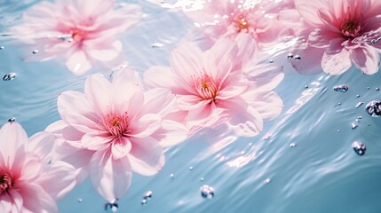 Pink water surface with flower and sun rays. Relaxing spa and beauty theme. Flat lay composition with copy space and banner format.