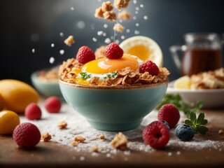 Michelin starred breakfast in premium restaurant and hotel with studio lighting & background, cinematic