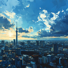 Tokio Skyline, A City With A Tall Tower