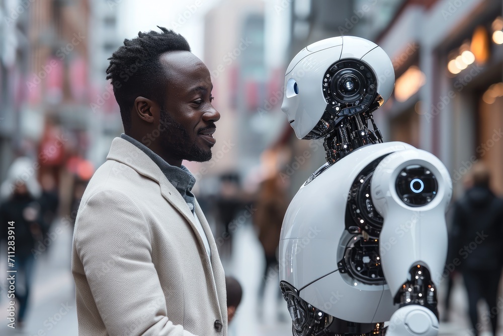 Poster african-american man talking emotionally with robot with gestures on the street of modern city. gene