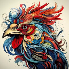 Abstract rooster head close up with tangled doodle elements. Full color illustrations. generative ai