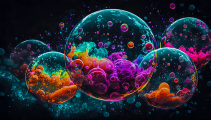 Illustration abstraite et fantaisiste d'arrière-plan avec bulles géantes translucides remplies d'explosions colorées sur fond uni noir