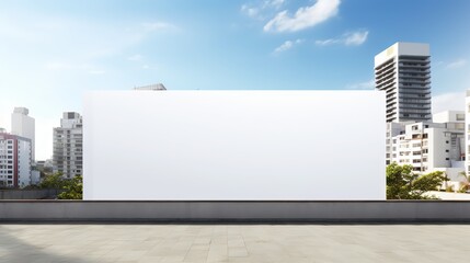 Obraz premium Blank white billboard on metal fence with skyscrapers and blue sky in the background