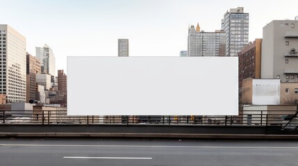 Blank white billboard on metal fence with skyscrapers and blue sky in the background