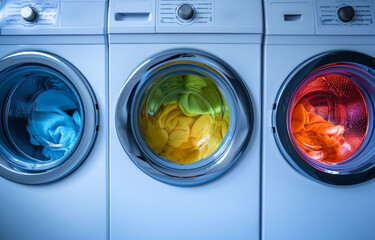 Washing machine, clean laundry and clothes at laundromat business, home and self service. Fresh, hygienic and closeup of pile of clothing for textile, eco fabric softener and cleaning duties