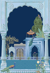 Traditional Mughal arch garden, peacock bird, landscape vector illustration