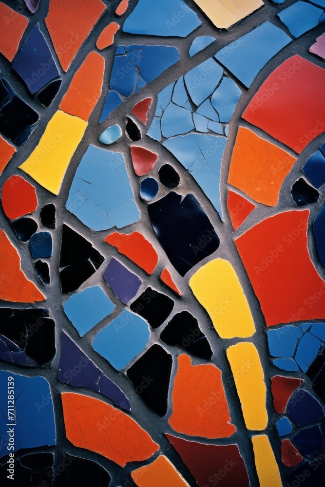 Poster an artistic interpretation of an abstract mosaic wall, vibrant with geometric shapes and colors.