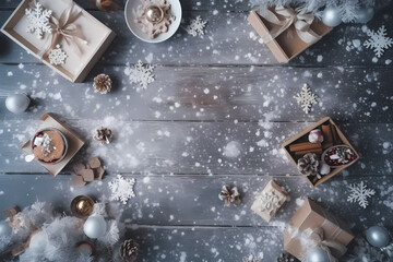 Top View Of Snowed Table, A Group Of Presents And Snow On A Wooden Surface