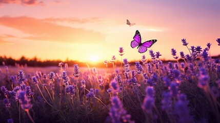 Lavender field with butterfly in summer sunset, panorama blur background