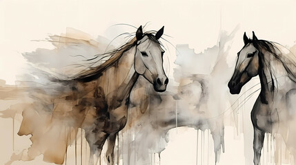 Vintage Horse, A Painting Of Horses With Paint Splashes - obrazy, fototapety, plakaty