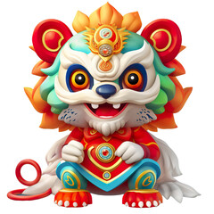 Cute colorful lion dance lunar new year white background, 3d cartoon style, strong color contrast isolated PNG