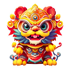 Cute colorful lion dance lunar new year white background, 3d cartoon style, strong color contrast isolated PNG