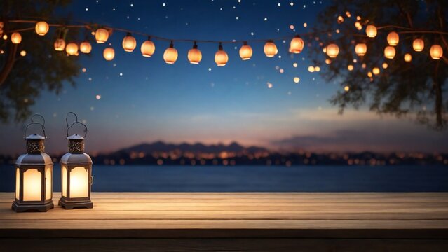 Empty Wood table top with decorative outdoor  lights hanging at night time,	
