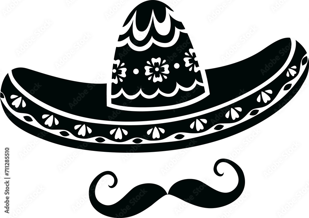 Wall mural Mariachi mexican sombrero hat with moustaches icon