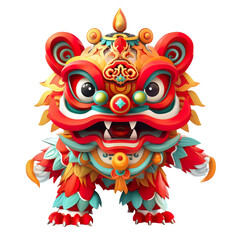 Cute colorful lion dance lunar new year white background, 3d cartoon style, strong color contrast isolated PNG