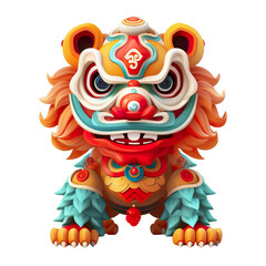 Obraz na płótnie Canvas Cute colorful lion dance lunar new year white background, 3d cartoon style, strong color contrast isolated PNG