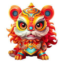 Cute colorful lion dance lunar new year white background, 3d cartoon style, strong color contrast isolated PNG