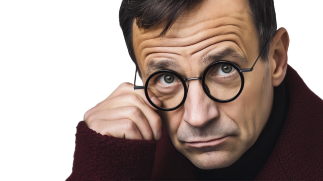 Thoughtful Man with Glasses, Partial Face Visible. Transparent background, PNG