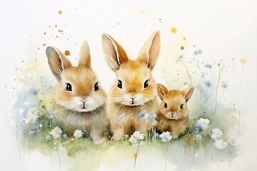 Watercolor painting of rabbit mother and adorable bunnies. Generative AI