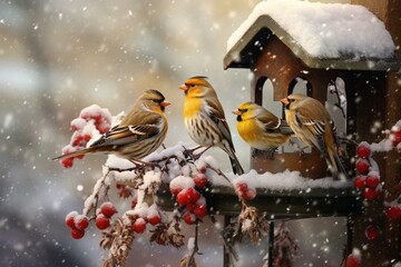 Several small birds on a feeder during winter. Generative AI - obrazy, fototapety, plakaty