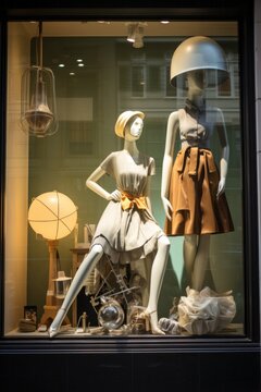 An image of a window dresser creatively positioning mannequins in a thematic display.