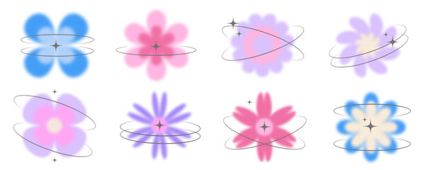 Y2k blurred flower. Gradient aesthetic stickers with soft glow effect and aura with stars on orbits. Cute smooth futuristic vector collection on white background © Chorna_L