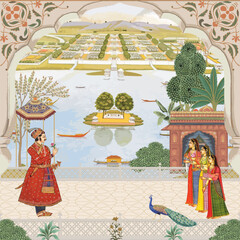 Mughal king welcoming by woman. Peacock, arch vector pattern illustration