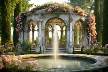 Beautiful outdoor structure surrounded by roses, with a splendid fountain in a garden adorned with arches. Generative AI