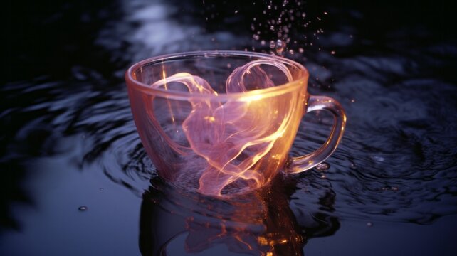 An image of two cup-shaped lovers, with a stream of liquid forming a heart shape as it passes between them.