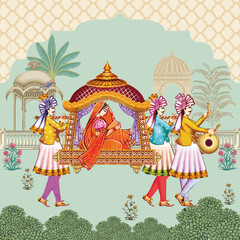 Indian Mughal Palki (Palanquin) colorful vector illustration for weeding invitation