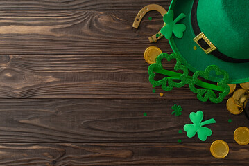Elevated St. Patrick's Day scene: top view leprechaun's hat, party glasses, lucky horseshoe, gold...
