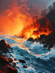 Fire, A Fire And Water Near A Rocky Cliff