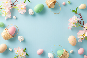 Cheerful Easter top view display: tiny baskets cradling colorful eggs, an adorable bunny, apple...