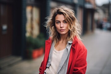 Portrait of a beautiful girl in a red coat on the street