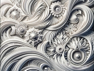 Whispers of Elegance: Geometric Grace and Waveform Serenity.  luxurious and intricate pattern in a 3D realistic style with a white tone